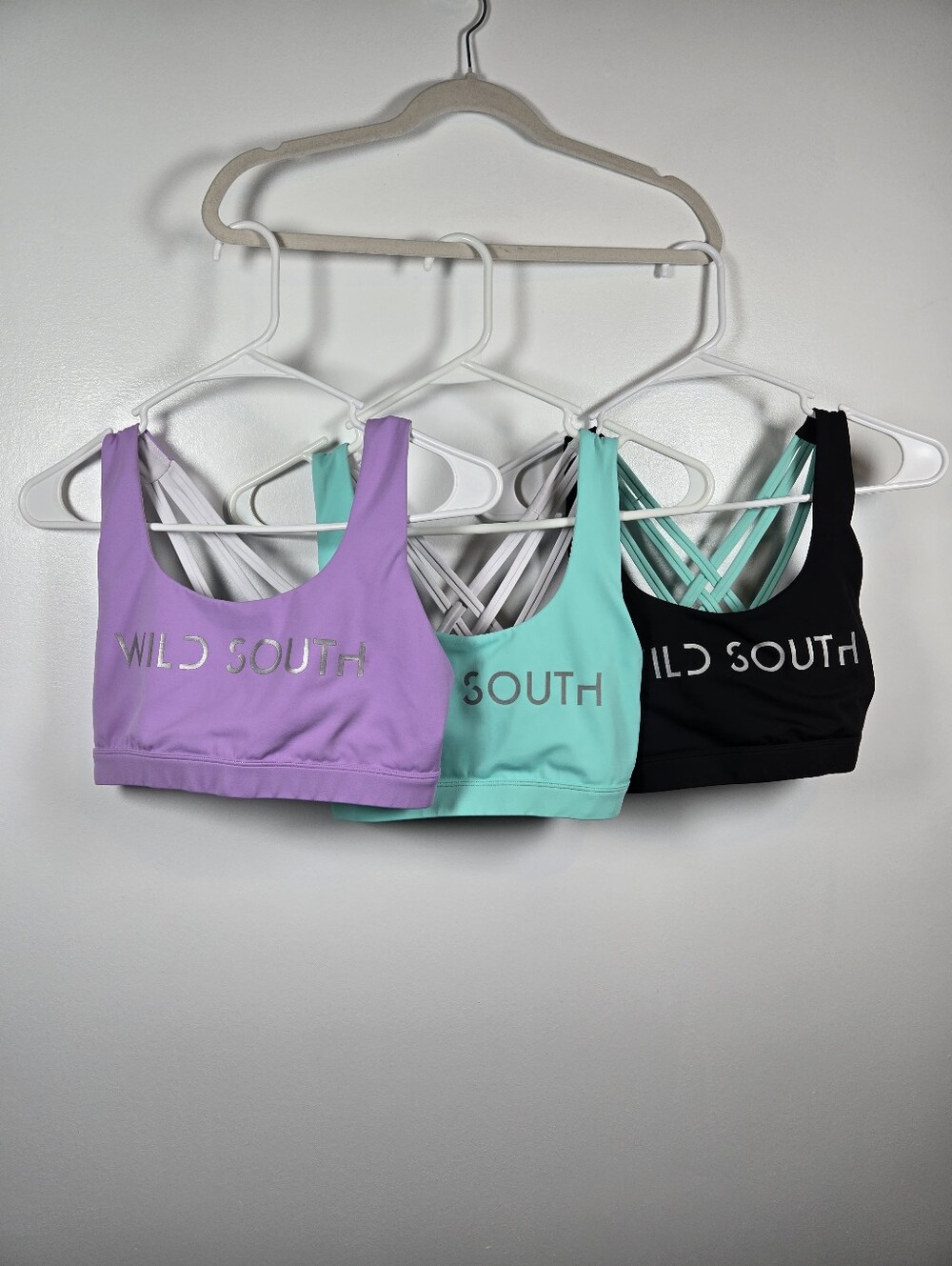 Wild South Bundle Of 3 Strappy Sports Bras Size Medium Purple Turquoise Black